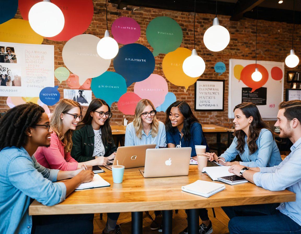 A vibrant scene depicting diverse bloggers collaborating in a cozy coffee shop, sharing ideas and engaging through laptops and notebooks. Colorful speech bubbles symbolize conversations about audience engagement, while warm lighting adds an inviting atmosphere. The background showcases a mural that represents various blogging niches, creating a sense of community. super-realistic. vibrant colors. soft focus.