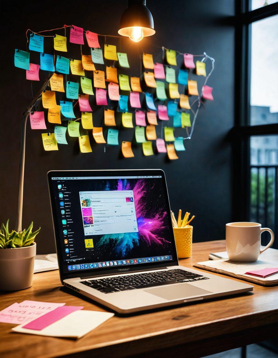 A dynamic workspace featuring a laptop open on a blog editing interface, surrounded by colorful sticky notes with brainstorming ideas, a steaming coffee mug, and a vibrant light bulb overhead symbolizing creativity. Include visuals of engaging articles and social media icons floating around. super-realistic. vibrant colors. 3D.