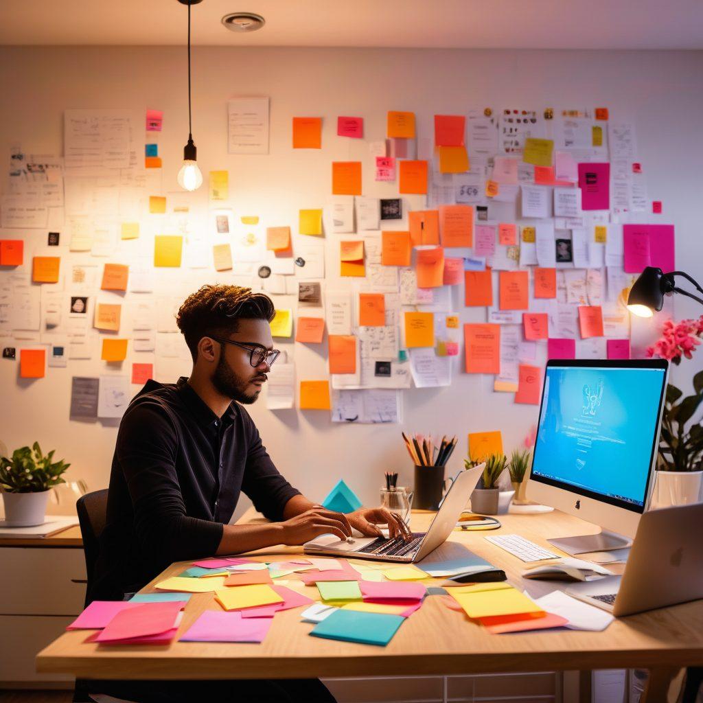 A person sitting at a modern desk with a laptop, surrounded by colorful sticky notes and brainstorming tools that represent creativity and ideas, with a light bulb symbolizing inspiration above them. In the background, an abstract representation of a blog with flowing content and engaging visuals. The atmosphere should radiate motivation and innovation. vibrant colors. 3D effect.